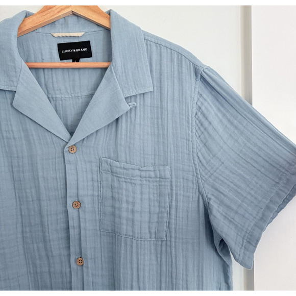 Lucky Brand 100% Cotton Gauze Button Up Casual Shirt Blue Large Short Sleeve - Picture 3 of 12